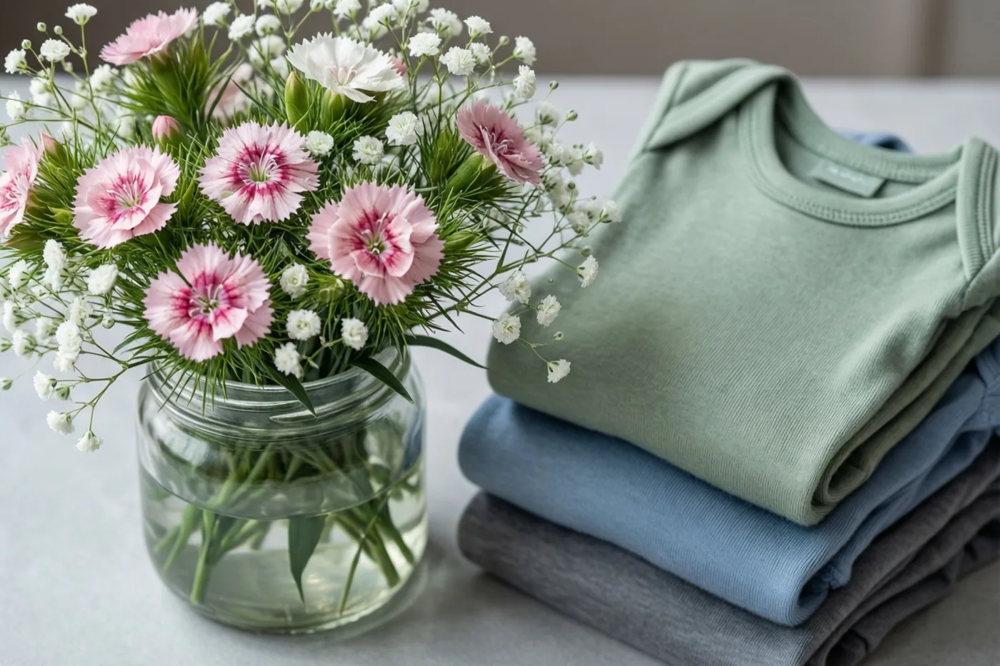 Een glazen pot met roze en witte duizendschoon en gipskruid staat naast opgevouwen babybody’s in pasteltinten op een licht oppervlak tegen een neutrale achtergrond.