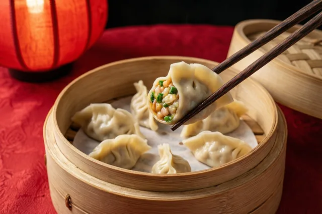 Met eetstokjes wordt een dumpling uit een gevuld bamboe stoommandje getild op een rood tafelkleed, met een rode lantaarn op de achtergrond.