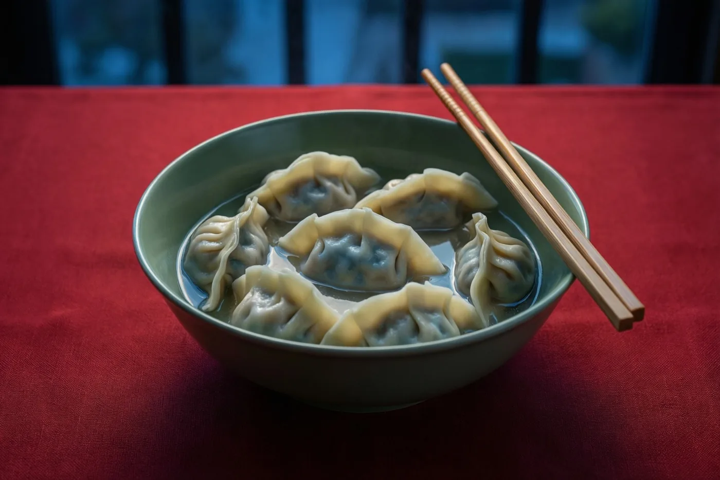 Een groene kom dumplings in bouillon staat op een rood tafelkleed, met houten eetstokjes op de rand in warm licht.