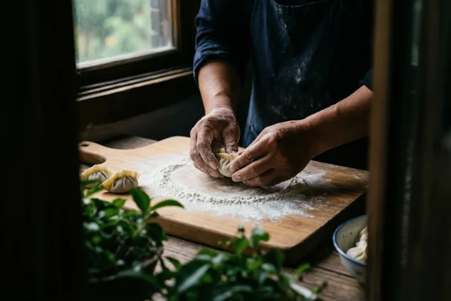 Handen vouwen dumplings op een bebloemde houten snijplank bij een raam, in warm daglicht en met groen op de voorgrond.