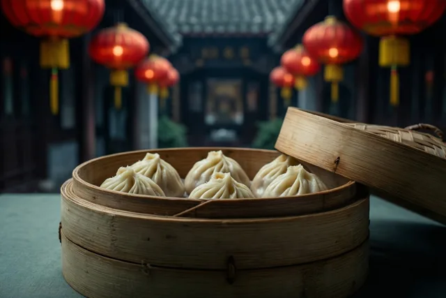 Een bamboe stoommand met dumplings staat op een tafel in een traditionele Chinese binnenplaats, met brandende rode lantaarns op de achtergrond.