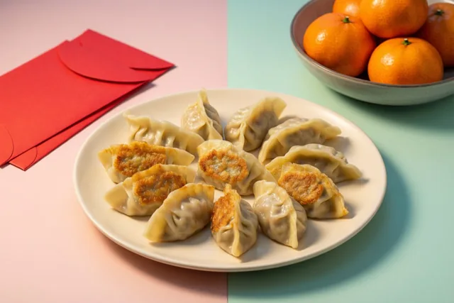 Een bord gebakken dumplings met goudbruine onderkanten staat op een roze en blauwgroene ondergrond, met rode enveloppen en een kom mandarijnen op de achtergrond.