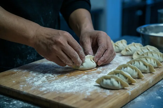 Handen vouwen dumplings op een met bloem bestoven houten snijplank in een keuken met een gedempt blauwe achtergrond.