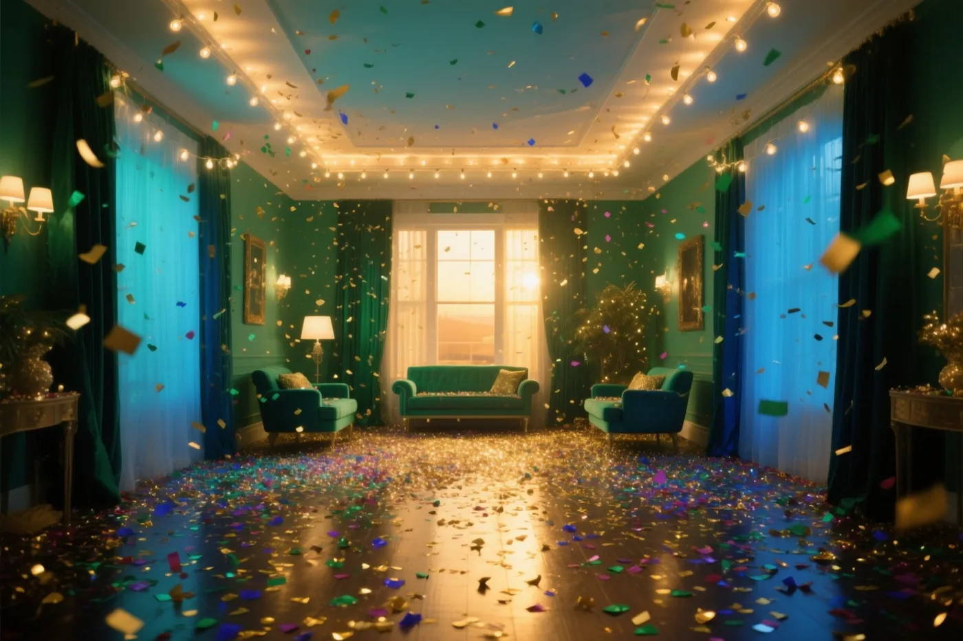 In een luxueuze kamer met groene meubels, blauwe muren en gordijnen dwarrelt confetti onder lichtslingers aan het plafond en ligt confetti verspreid op de vloer.