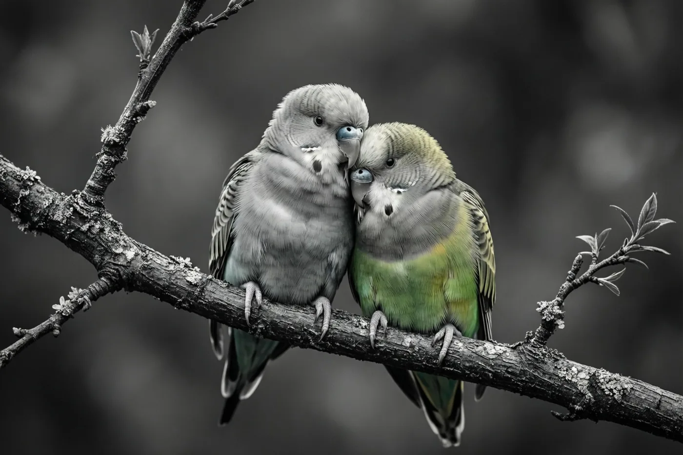 Twee dwergpapegaaien zitten met hun kopjes tegen elkaar op een boomtak met zichtbare structuur, waarbij de groene veren van één vogel afsteken tegen de monochrome achtergrond.