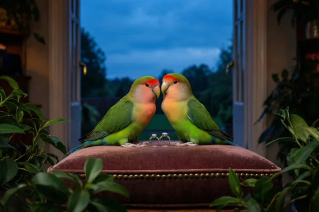 Twee groen-roze dwergpapegaaien zitten tegenover elkaar op een bordeauxrood fluwelen kussen met twee trouwringen ertussen, bij een raam met een schemerblauwe lucht buiten en groen gebladerte rondom.