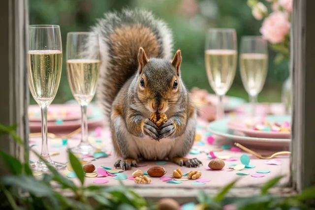 Door een raamkozijn is een eekhoorn te zien die een noot eet op een feesttafel met confetti en champagneglazen, met groen op de voorgrond.
