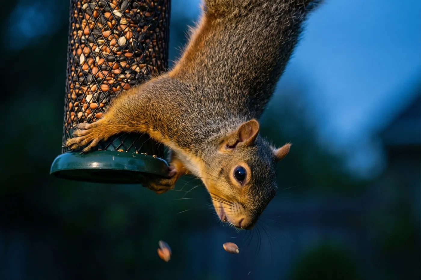 Een eekhoorn hangt bij schemerlicht ondersteboven aan een cilindervormige vogelvoederbak vol zaadjes en reikt naar meer, tegen een onscherpe blauwgroene achtergrond.