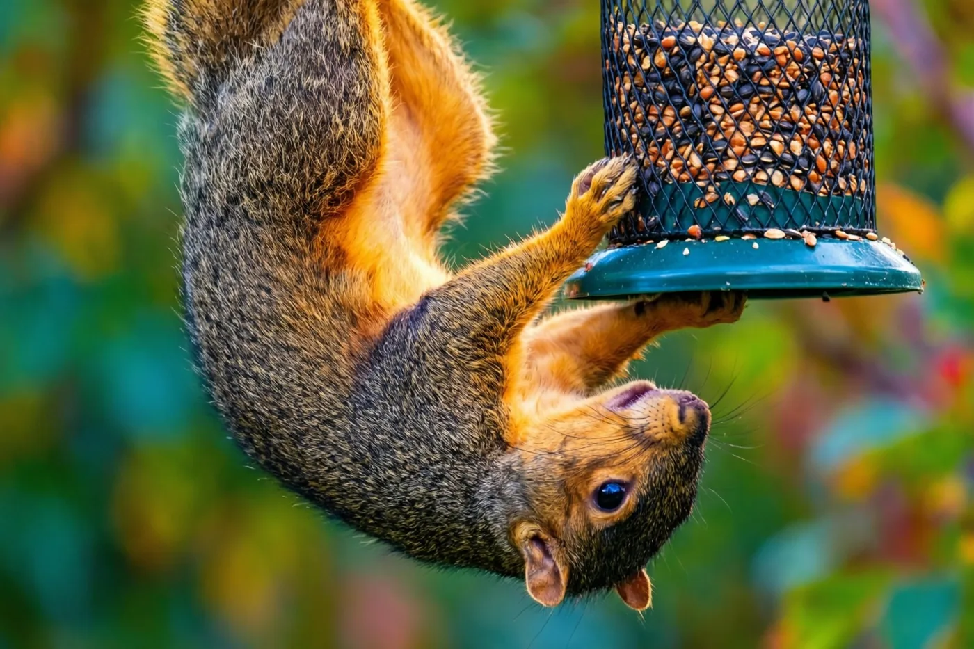 Een eekhoorn hangt ondersteboven aan een zwarte vogelvoederbak van gaas vol zaadjes, met onscherpe groene en herfstkleuren op de achtergrond.
