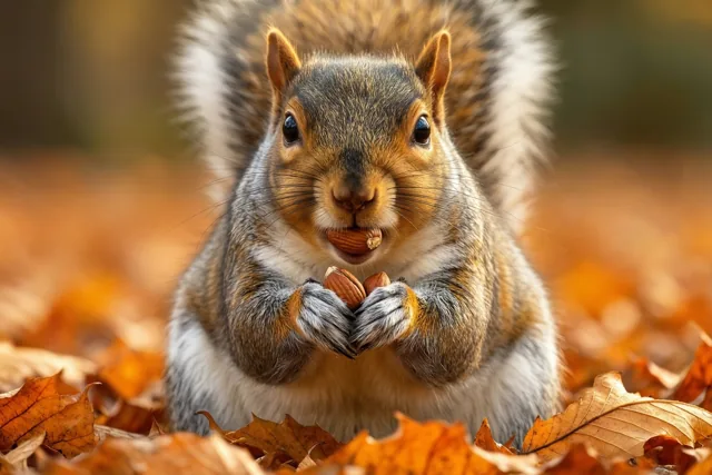 Een eekhoorn zit op oranje herfstbladeren met een noot in zijn mond en nog twee noten in zijn pootjes.