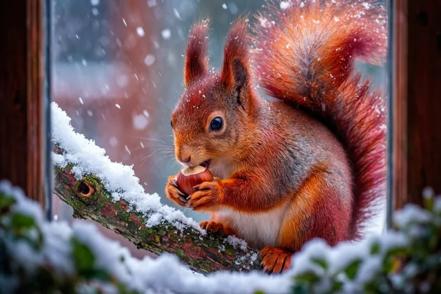 Door een raam zie je een rode eekhoorn die op een besneeuwde tak aan een hazelnoot knabbelt, met vallende sneeuw op de achtergrond.