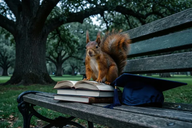 Een rode eekhoorn zit rechtop op open studieboeken op een houten parkbank naast een blauwe afstudeerhoed, onder grote eiken in een groen park.