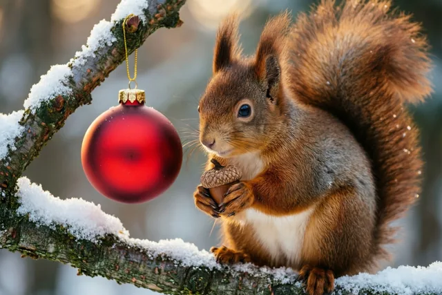 Een rode eekhoorn houdt een eikel vast op een besneeuwde tak naast een hangende rode kerstbal in een winters bos met zacht warm licht.