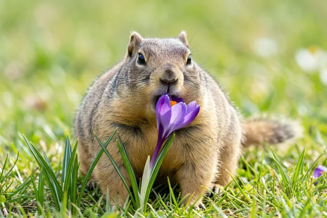 Een eekhoorn zit op een groen lentegazon met een paarse krokus in zijn bek.