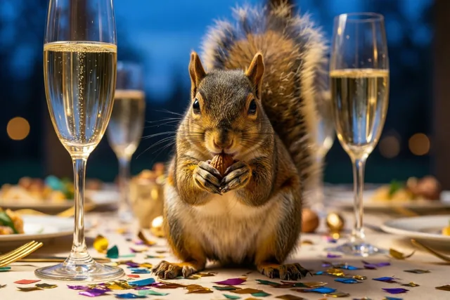 Een eekhoorn zit op een feesttafel en eet een noot tussen champagneglazen en kleurrijke confetti, tegen een donkerblauwe achtergrond in warm licht.