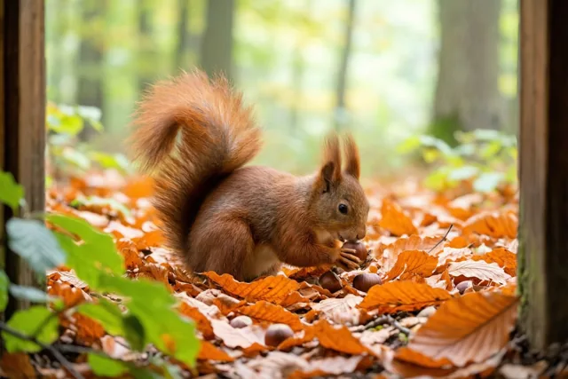 Een rode eekhoorn zit met een hazelnoot op een bosbodem vol oranje beukenbladeren, tussen houten palen en met wazig groen en geel loof op de achtergrond.