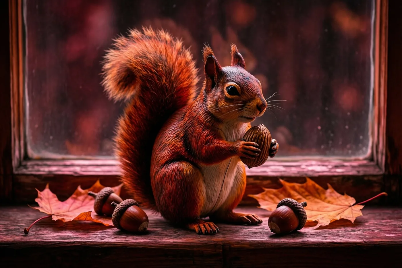 Een gedetailleerd eekhoornbeeldje met een noot zit op een houten vensterbank tussen eikels en herfstbladeren, in warm licht met rode en bruine tinten.