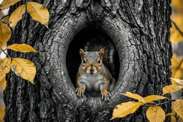 Een jonge eekhoorn kijkt uit een donkere boomholte in een bos, omringd door goudkleurige herfstbladeren.
