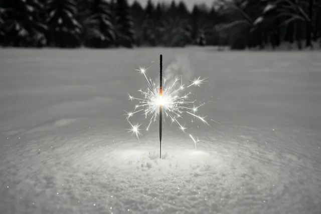 Eén sterretje staat rechtop in verse sneeuw op een breed nachtelijk winterveld, waarbij het licht afsteekt tegen het verder monochrome beeld.