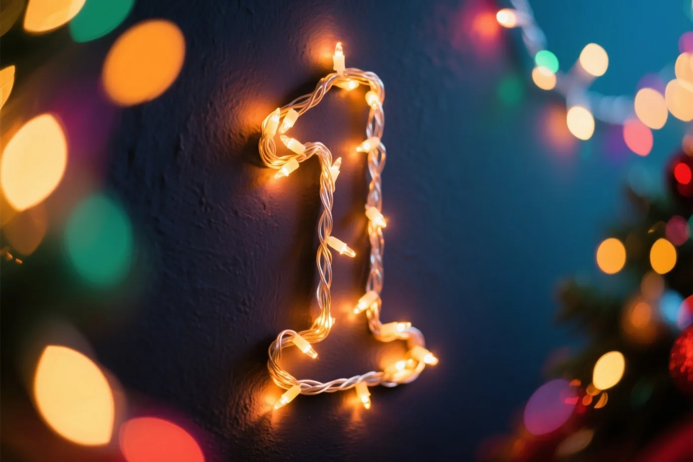 Het cijfer 1 is gevormd met warme lichtjes op een donkere muur met structuur, omringd door wazige gekleurde lichtjes.