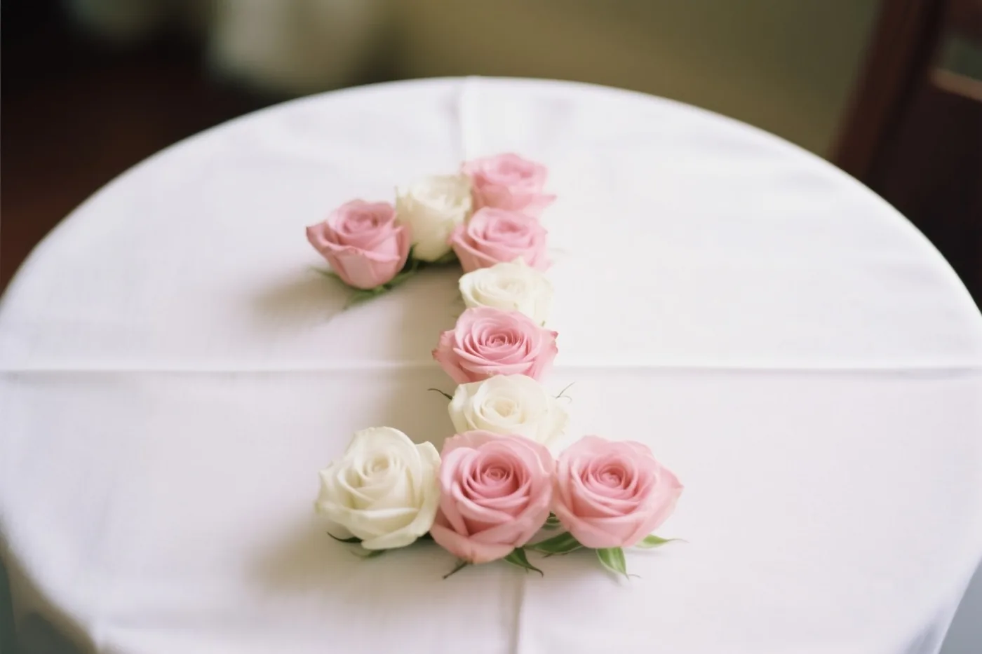 Van bovenaf zijn roze en witte rozen te zien die afwisselend het cijfer 1 vormen op een wit tafelkleed.