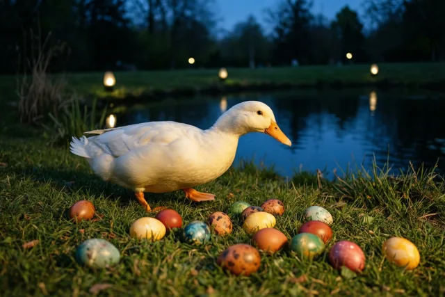 Een witte eend staat in de schemering op het gras naast een rustige vijver, omringd door talrijke kleurrijke paaseieren.