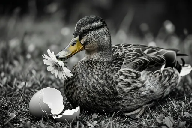 Op een zwart-witfoto zit een eend op het gras met een witte bloem in haar snavel, naast een gebroken eierschaal.