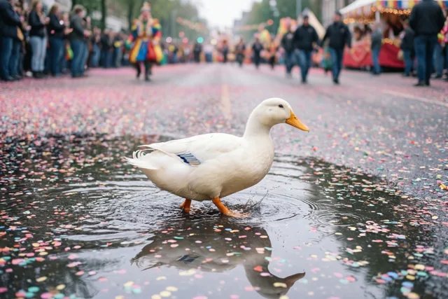 Een witte eend waggelt door een straatplas met drijvende kleurrijke confetti na een carnavalsstoet, met wazige toeschouwers en deelnemers op de achtergrond.