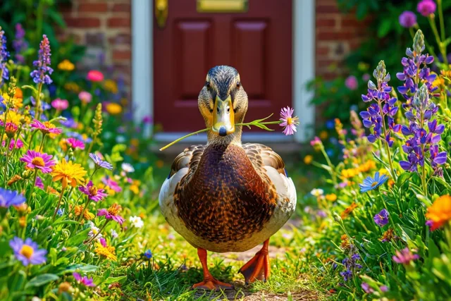 Een eend houdt een roze bloem in haar snavel in een tuin vol kleurrijke bloemen, voor een rode voordeur en een bakstenen muur.