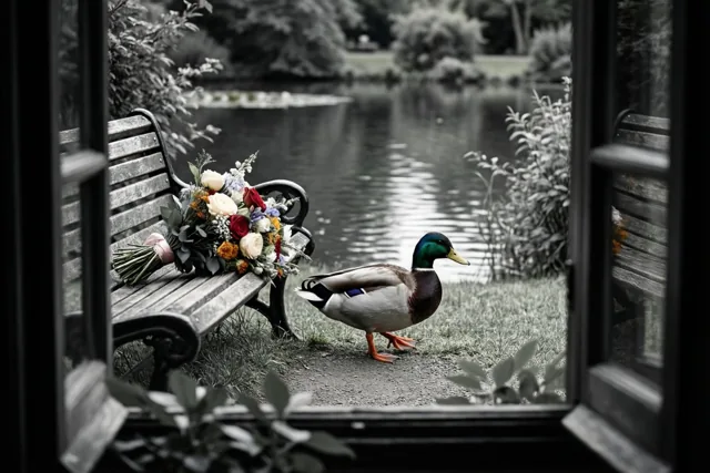 Door een raam is een wilde woerd te zien die langs een houten bank met een kleurrijk boeket bij een vijver waggelt, waarbij alleen de eend en de bloemen in kleur zijn.