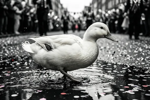 Een witte eend waggelt door een straatplas met drijvende confetti, in een zwart-witbeeld met kleuraccenten op de confetti.