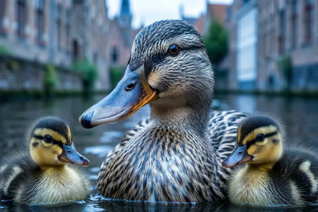 Een moedereend zwemt met twee eendenkuikens in een kanaal, met oude Vlaamse stadsgebouwen op de achtergrond.