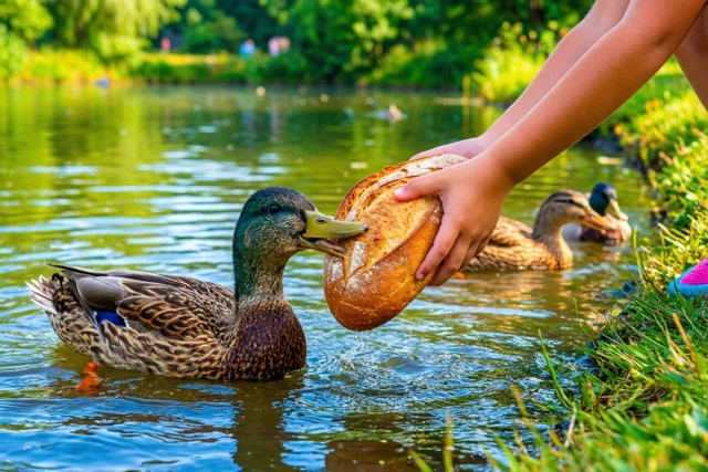Een eend neemt een hap uit een brood dat een kinderhand boven een vijver houdt, met een tweede eend op de achtergrond in een zonnig park met groen gras en bomen.