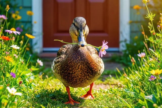 Een eend met een roze bloem in haar snavel staat in een zonnige tuin met gras en kleurrijke wilde bloemen, gericht naar een rode voordeur.