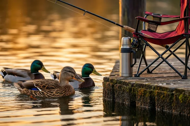 Een eendenfamilie zwemt langs een houten steiger met een hengel op een rode klapstoel en een zilverkleurige thermosfles, in warm goudkleurig licht op het water.