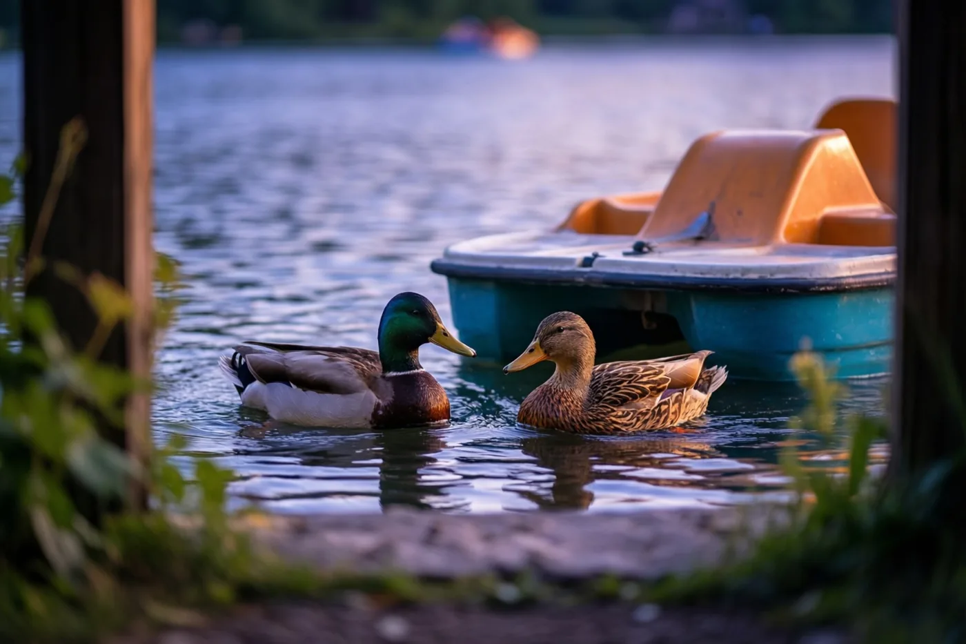 Een mannelijke en een vrouwelijke wilde eend zwemmen naast elkaar bij een blauw-oranje waterfiets, tussen donkere houten palen en groen, met avondlicht op het water.