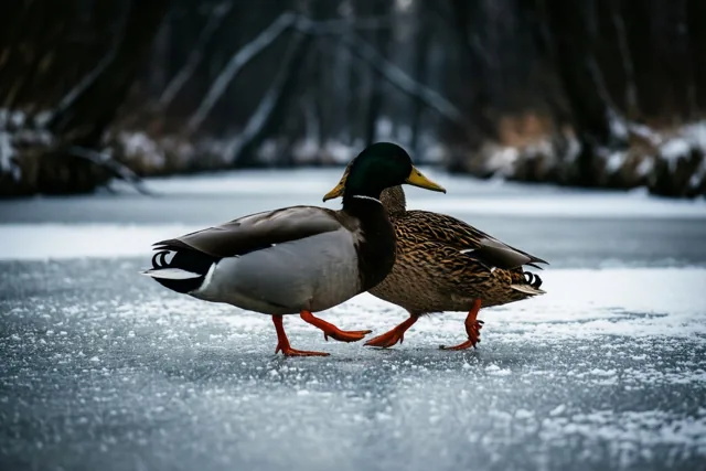 Twee eenden op winterstap