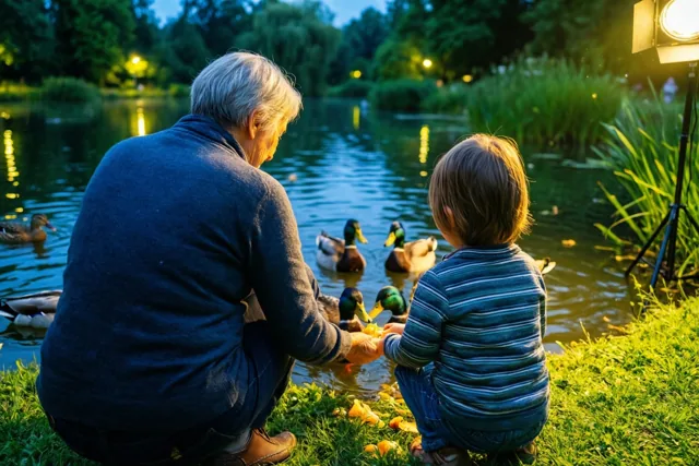 Een oudere persoon en een jong kind hurken met hun rug naar de kijker bij een vijver om eenden te voeren in een groen park bij schemering.