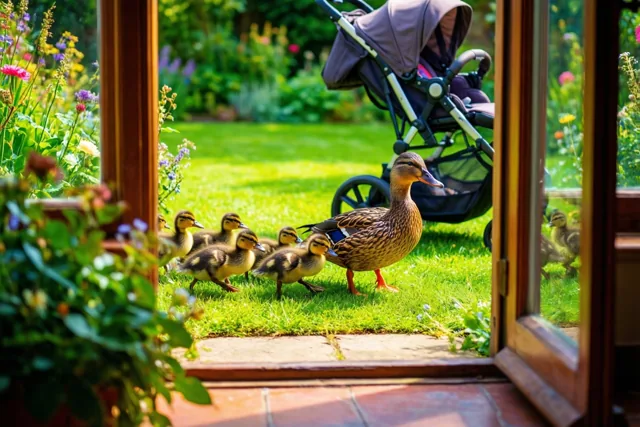 Door een open houten deuropening zijn een moedereend en haar kuikens te zien die over een groen gazon langs een buggy waggelen, met kleurrijke bloemen ervoor en erachter.
