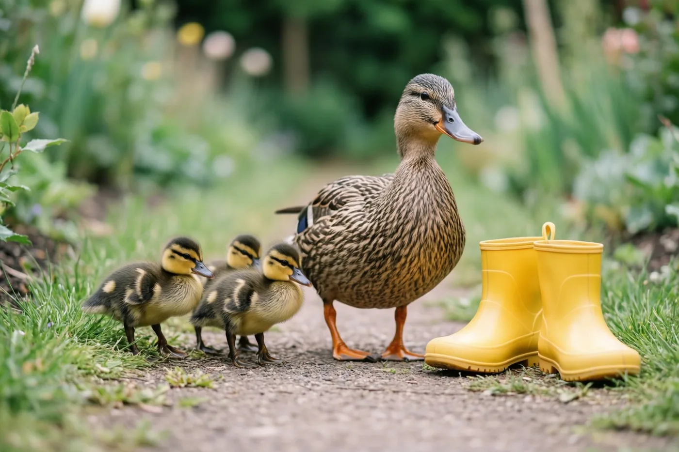 Een moedereend loopt met drie kuikens over een grindpad in de tuin, langs felgele babylaarsjes naast grotere laarzen en groen gebladerte.