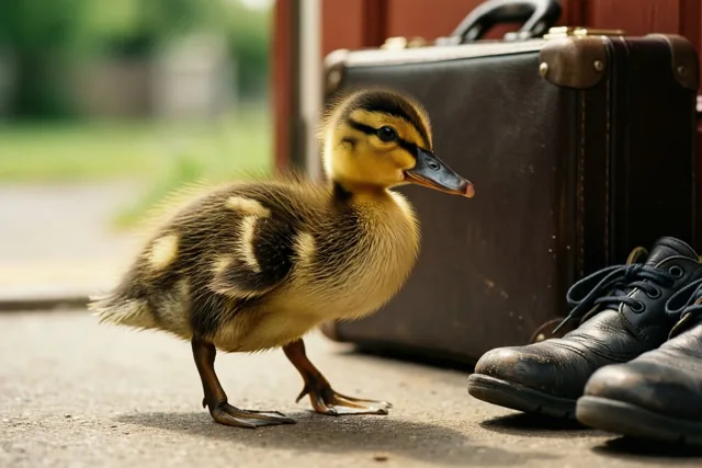 Een geelbruin eendenkuiken waggelt over bestrating naast een oude bruine aktetas en zwarte leren schoenen bij een rode deur.