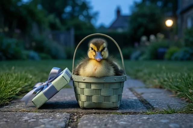 Een donzig geel eendje zit in een klein groen gevlochten mandje op een stenen tuinpad naast een ingepakt cadeau in de schemering.