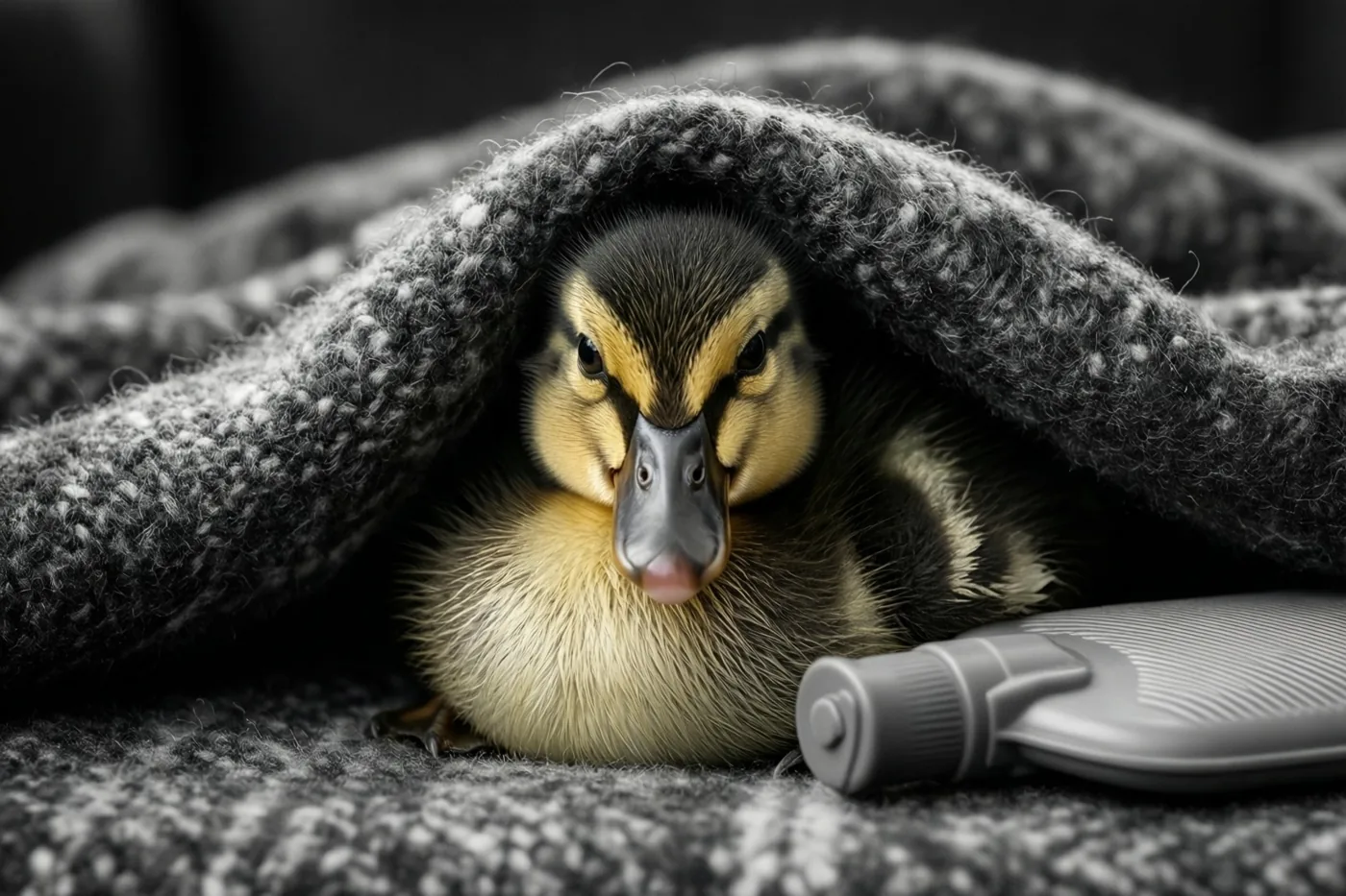 Een geel-zwart eendje kijkt met de snavel een beetje open vanonder een grijze gebreide deken, naast een grijze warmwaterkruik.