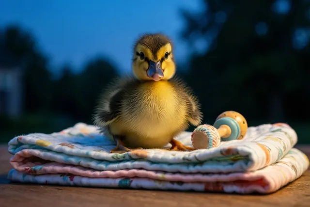 Een pluizig geel eendje zit op een stapel babydoeken met patronen naast een houten rammelaar, buiten bij schemering met een blauwe lucht en onscherpe bomen.