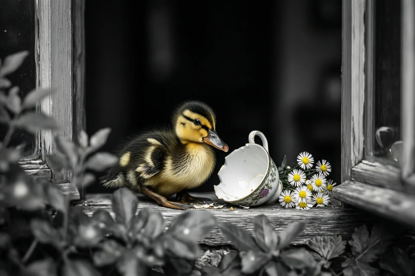 Een klein eendje zit op een houten vensterbank naast een gebroken theekop en een klein bosje madeliefjes, met het eendje en de bloemen in kleur tegen een zwart-witte achtergrond.