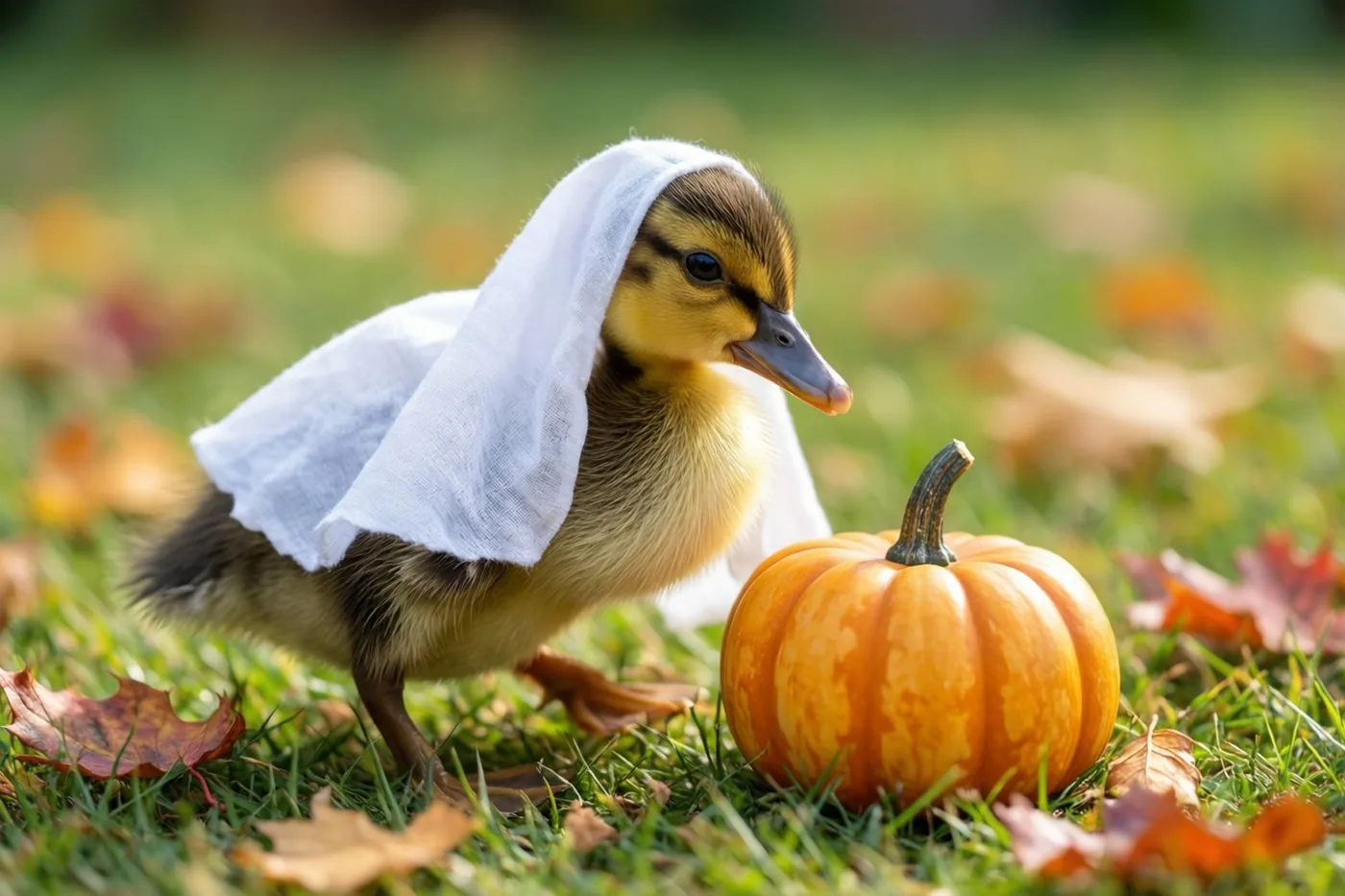 Een klein eendje in een wit spookkostuum staat op een grasveld met herfstbladeren naast een oranje minipompoen in zacht herfstlicht.