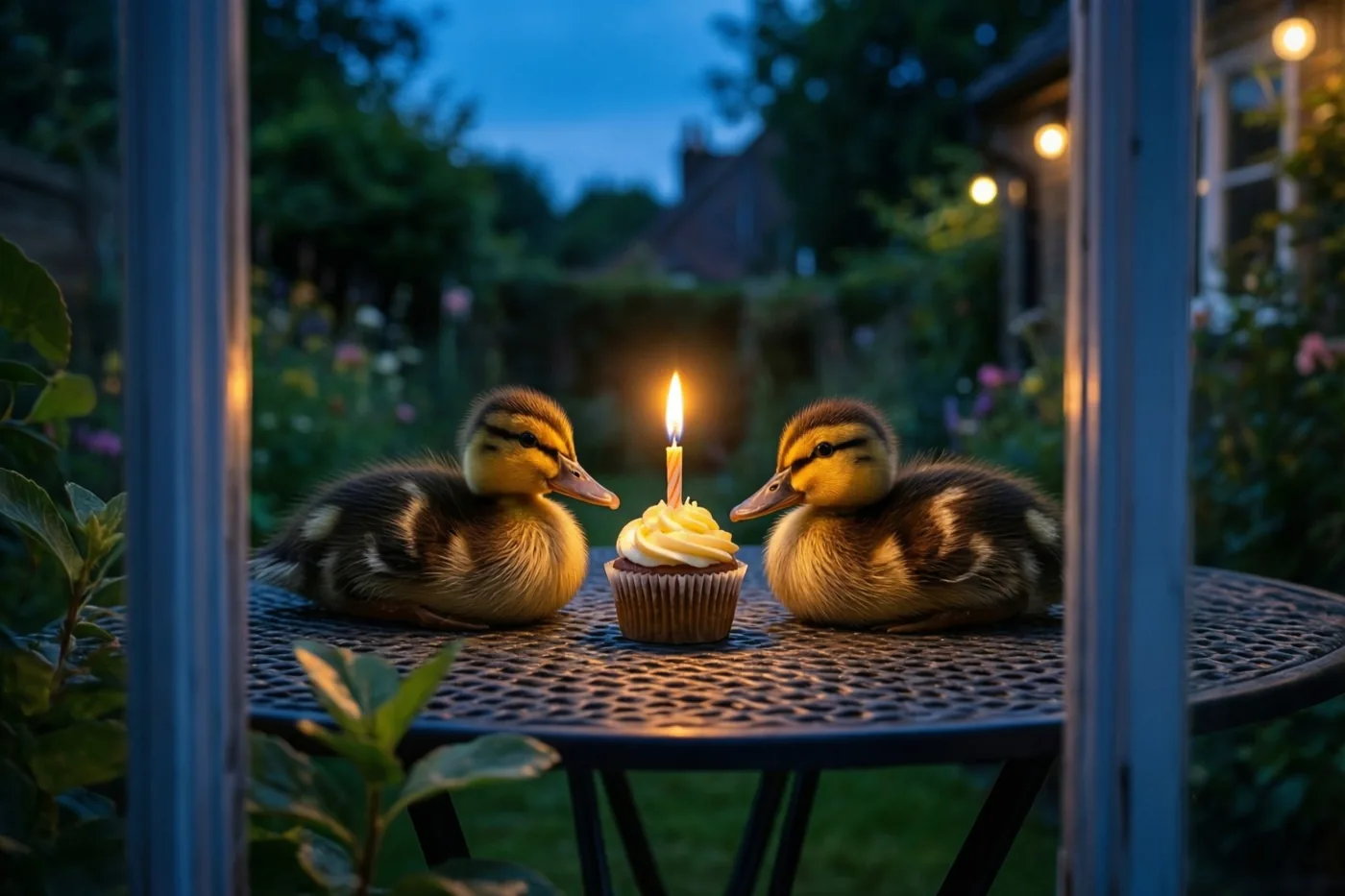 Door een raamkozijn zijn in de schemering twee eendjes op een tuintafel te zien naast een cupcake met één brandend kaarsje in warm licht.