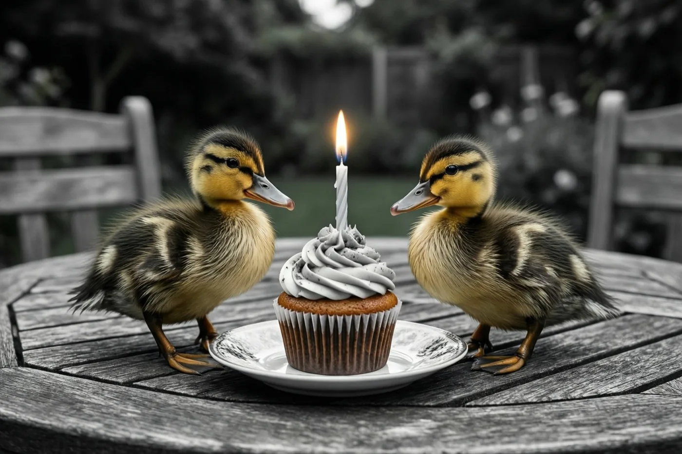 Twee eendjes staan aan weerszijden van een cupcake met één brandend kaarsje op een houten tuintafel, met de eendjes en het kaarsje in natuurlijke kleuren tegen een grotendeels kleurloze achtergrond.