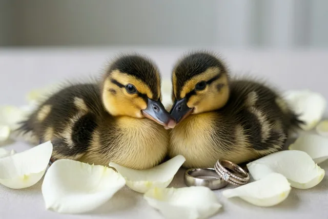 Twee donzige eendjes zitten dicht tegen elkaar met hun snavels tegen elkaar, tussen witte rozenblaadjes en naast twee trouwringen op een lichte ondergrond.