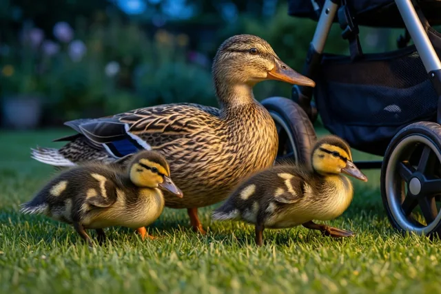 Een moedereend en twee eendenkuikens waggelen over een groen gazon naast een zwarte kinderwagen in warm goudkleurig licht.